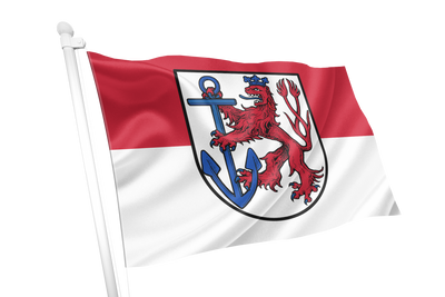 Dusseldorf Flag. A red and white horizontal bicolor flag with a central coat of arms featuring a red lion rampant and a blue anchor, shown waving on a white flagpole against a plain white background.