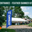 Blue feather banner with 'Entrance' text in front of a white tent at an outdoor event.