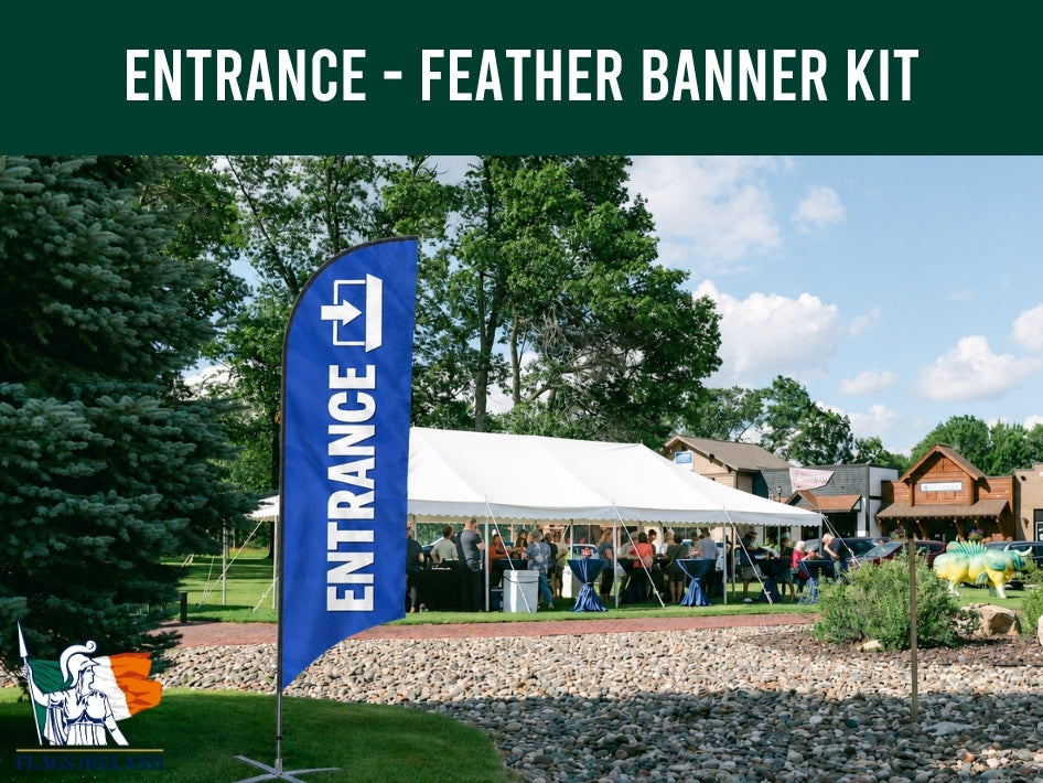 Blue feather banner with 'Entrance' text in front of a white tent at an outdoor event.