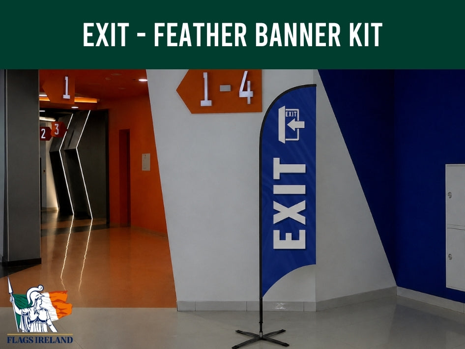 Feather banner with 'EXIT' text on a stand in an indoor setting