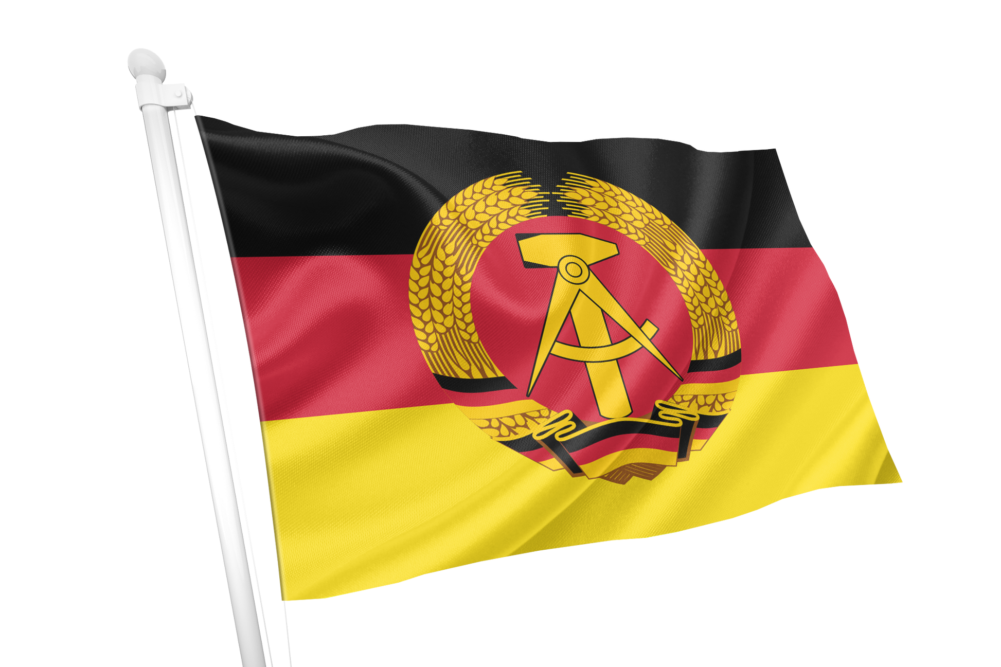 East Germany GDR Flag. A flag on a white pole, featuring horizontal black, red, and yellow bands with a central emblem of a golden wheat sheaf and compass inside a red circle, isolated on a white background. 