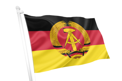 East Germany GDR Flag. A flag on a white pole, featuring horizontal black, red, and yellow bands with a central emblem of a golden wheat sheaf and compass inside a red circle, isolated on a white background. 