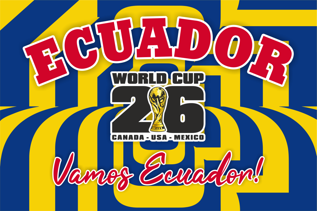 Ecuador World Cup 2026 promotional banner with blue and yellow stripes.
