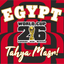 Promotional graphic for Egypt's participation in the 2026 World Cup with red and black striped background.