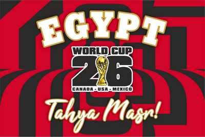 Promotional graphic for Egypt's participation in the 2026 World Cup with red and black striped background.