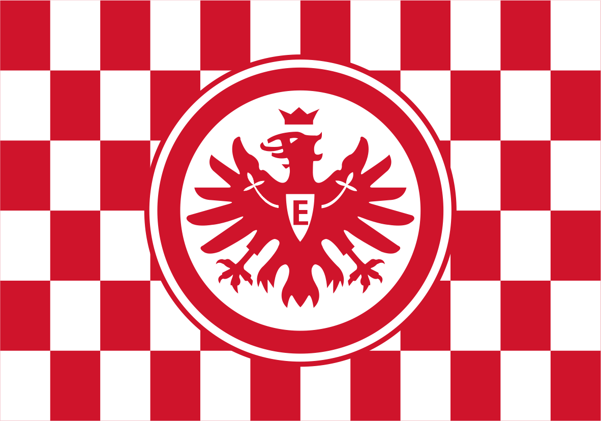 A red and white checkered flag with a central circular emblem featuring a red eagle with a crown and the letter E. Eintracht Frankfurt Chequered Flag
