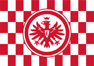 A red and white checkered flag with a central circular emblem featuring a red eagle with a crown and the letter E. Eintracht Frankfurt Chequered Flag