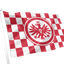 A red and white checkered flag with a central red circular emblem featuring a stylized eagle and the letter E, mounted on a white pole against a plain white background. Eintracht Frankfurt Chequered Flag