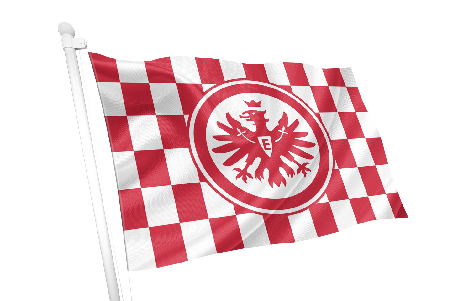 A red and white checkered flag with a central red circular emblem featuring a stylized eagle and the letter E, mounted on a white pole against a plain white background. Eintracht Frankfurt Chequered Flag