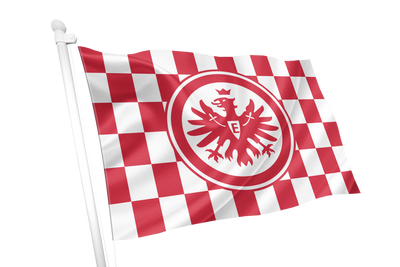 A red and white checkered flag with a central red circular emblem featuring a stylized eagle and the letter E, mounted on a white pole against a plain white background. Eintracht Frankfurt Chequered Flag