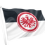 A waving flag on a white pole, featuring a horizontal black upper band and white lower band with a large red circular emblem containing a white eagle and the letter E. Eintracht Frankfurt Flag