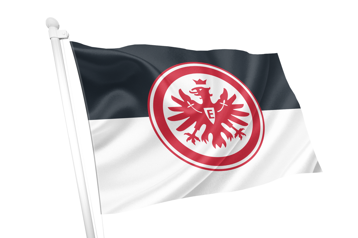 A waving flag on a white pole, featuring a horizontal black upper band and white lower band with a large red circular emblem containing a white eagle and the letter E. Eintracht Frankfurt Flag