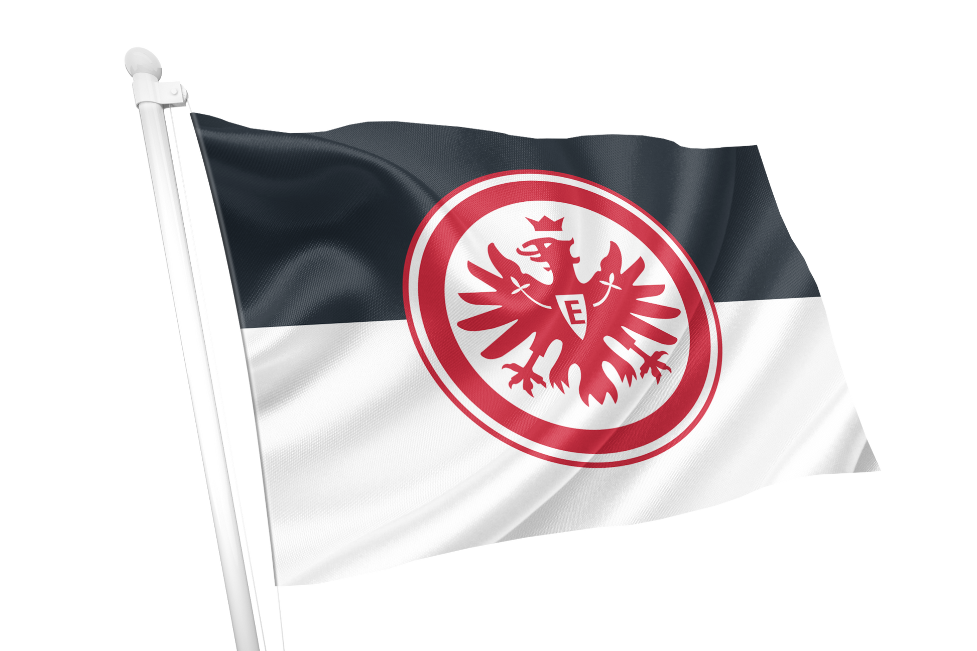 A waving flag on a white pole, featuring a horizontal black upper band and white lower band with a large red circular emblem containing a white eagle and the letter E. Eintracht Frankfurt Flag