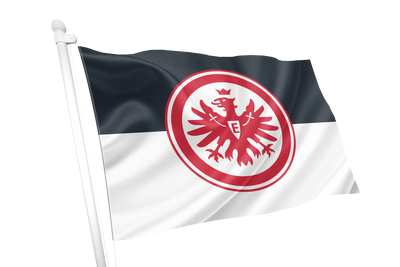 A waving flag on a white pole, featuring a horizontal black upper band and white lower band with a large red circular emblem containing a white eagle and the letter E. Eintracht Frankfurt Flag