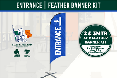Feather banner kit with 'Entrance' text and branding for Flags Ireland on a white background.