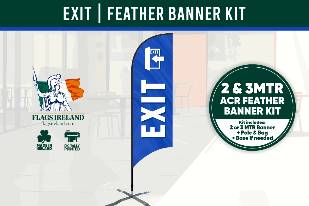 EXIT feather banner kit with branding and specifications on a white background