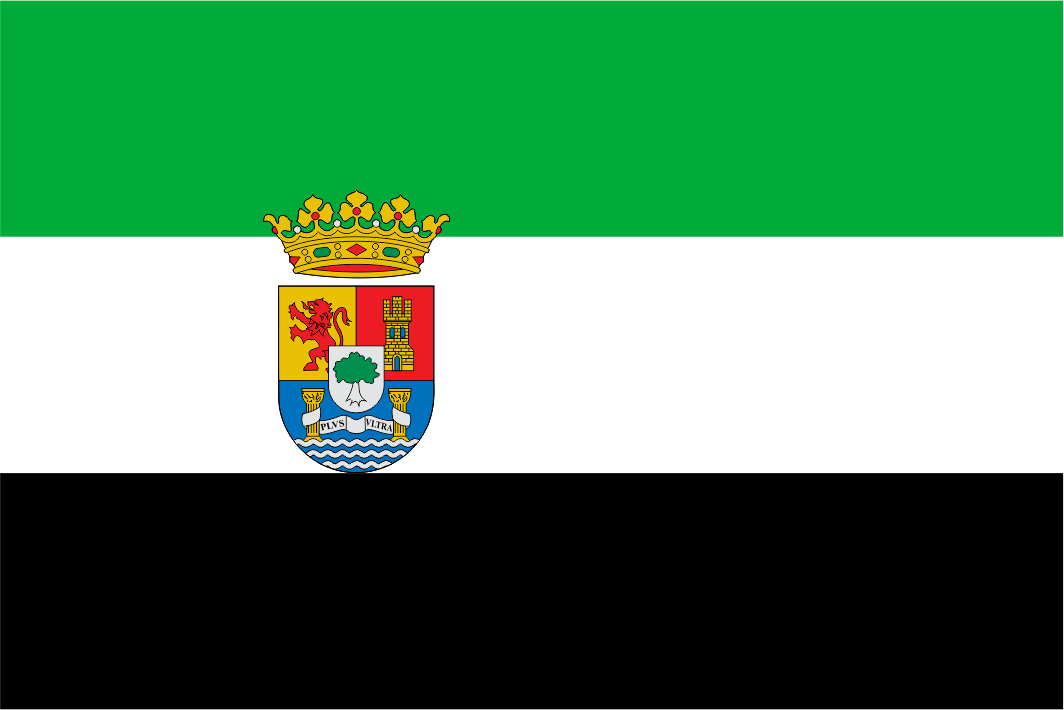 The flag of Extremadura, an autonomous community in Spain, consists of three equal horizontal stripes: green (top), white (middle), and black (bottom). It was officially adopted in 1983 and often features the regional coat of arms in the center, particularly for official government use.