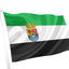 The flag of Extremadura, an autonomous community in Spain, consists of three equal horizontal stripes: green (top), white (middle), and black (bottom). It was officially adopted in 1983 and often features the regional coat of arms in the center, particularly for official government use.