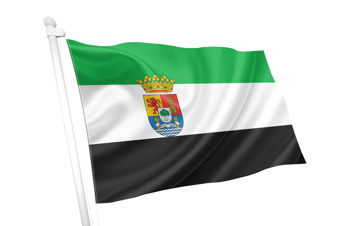 The flag of Extremadura, an autonomous community in Spain, consists of three equal horizontal stripes: green (top), white (middle), and black (bottom). It was officially adopted in 1983 and often features the regional coat of arms in the center, particularly for official government use.
