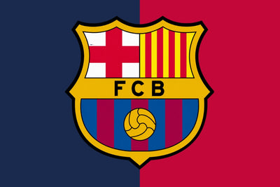 Barcelona FC logo with red and blue stripes on a red and blue background