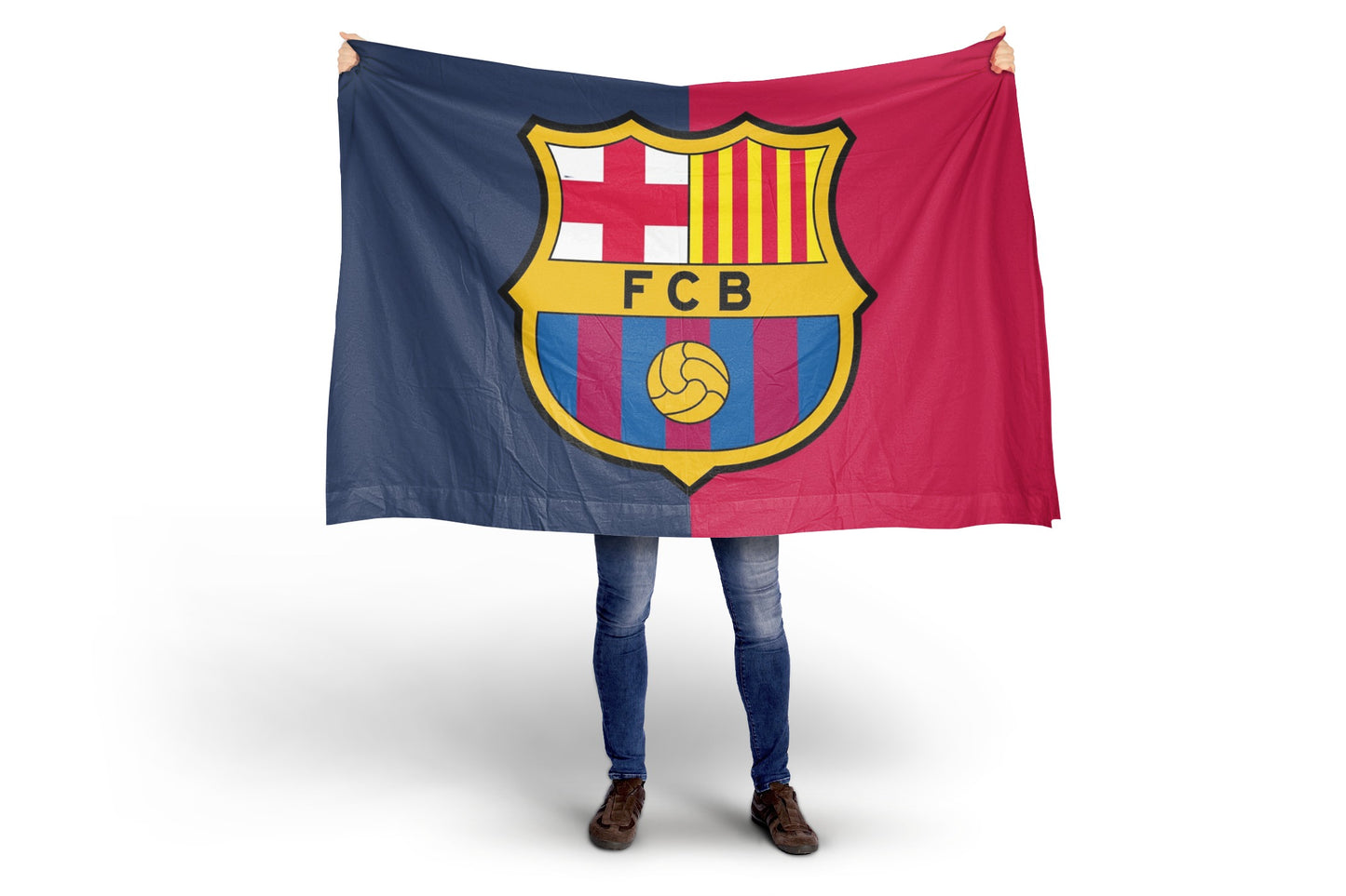 Person holding a Barcelona flag with the club's logo on a white background