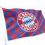 A FC Bayern München flag on a white pole, featuring the club's red and blue checkered pattern with the central circular club crest, isolated on a black background.