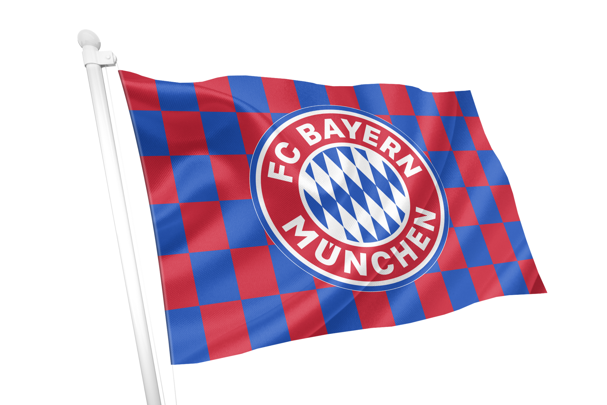 A FC Bayern München flag on a white pole, featuring the club's red and blue checkered pattern with the central circular club crest, isolated on a black background.