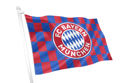 A FC Bayern München flag on a white pole, featuring the club's red and blue checkered pattern with the central circular club crest, isolated on a black background.