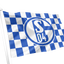 FC Schalke 04 Chequered Flag. A blue and white checkered flag with the Schalke 04 logo in the center, mounted on a white flagpole against a plain white background.