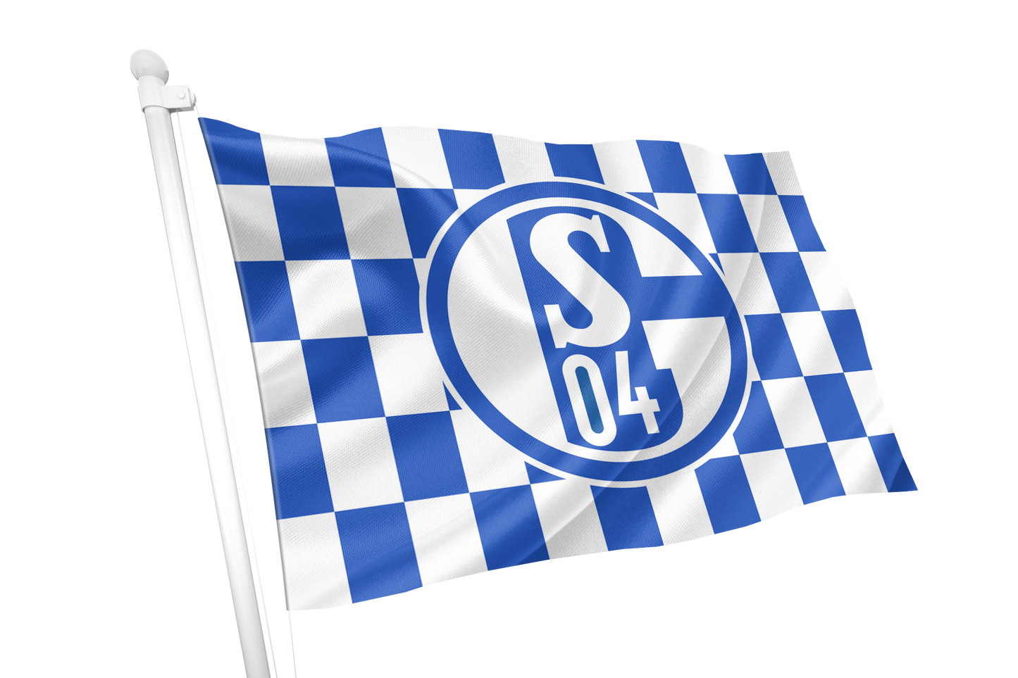 FC Schalke 04 Chequered Flag. A blue and white checkered flag with the Schalke 04 logo in the center, mounted on a white flagpole against a plain white background.