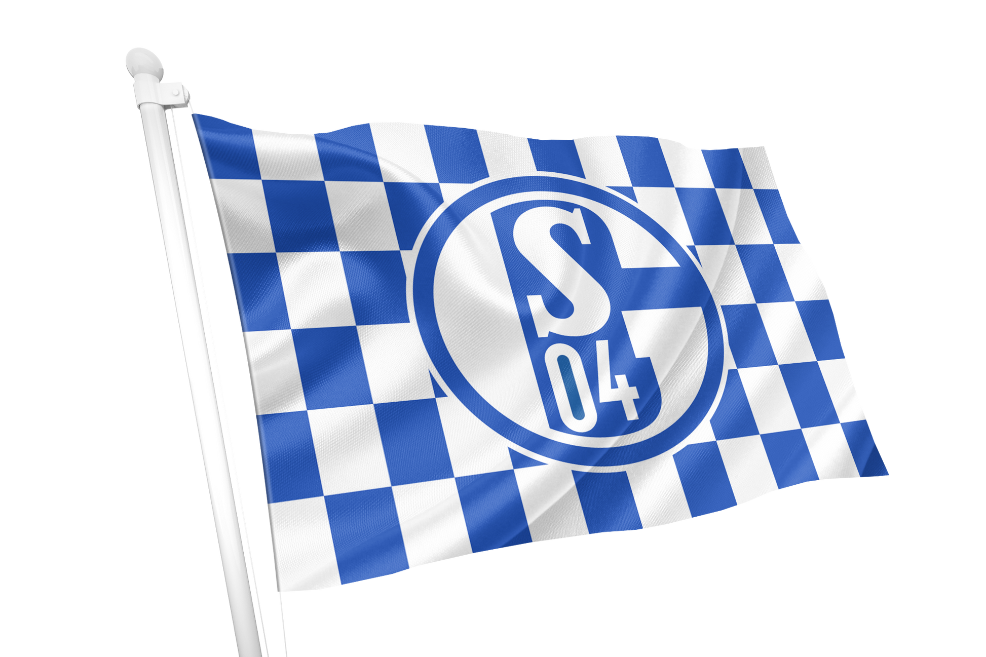 FC Schalke 04 Chequered Flag. A blue and white checkered flag with the Schalke 04 logo in the center, mounted on a white flagpole against a plain white background.