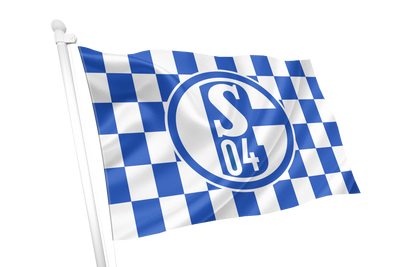 FC Schalke 04 Chequered Flag. A blue and white checkered flag with the Schalke 04 logo in the center, mounted on a white flagpole against a plain white background.