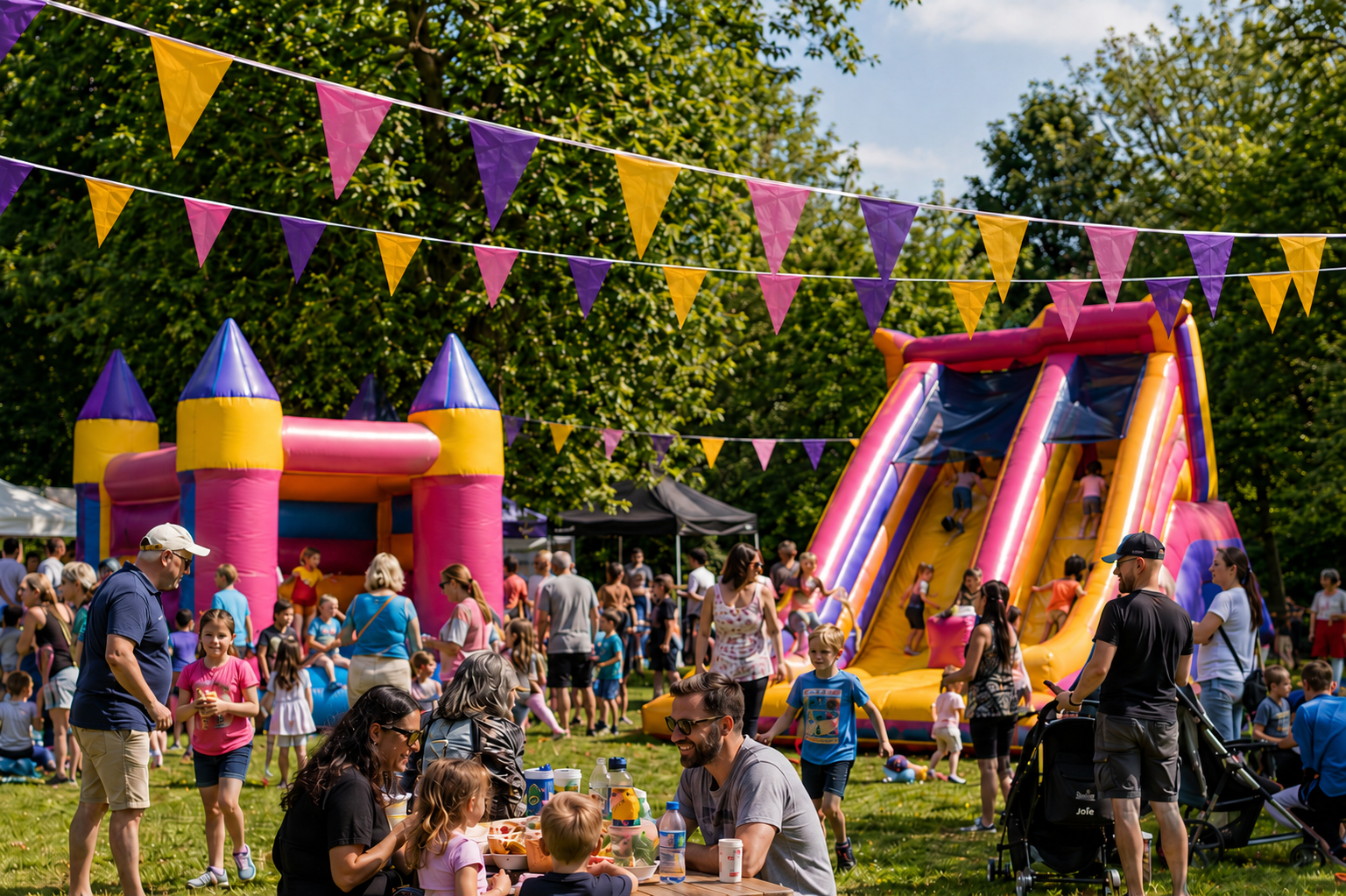 Children's party with inflatable slides and colorful bunting flags in a park.