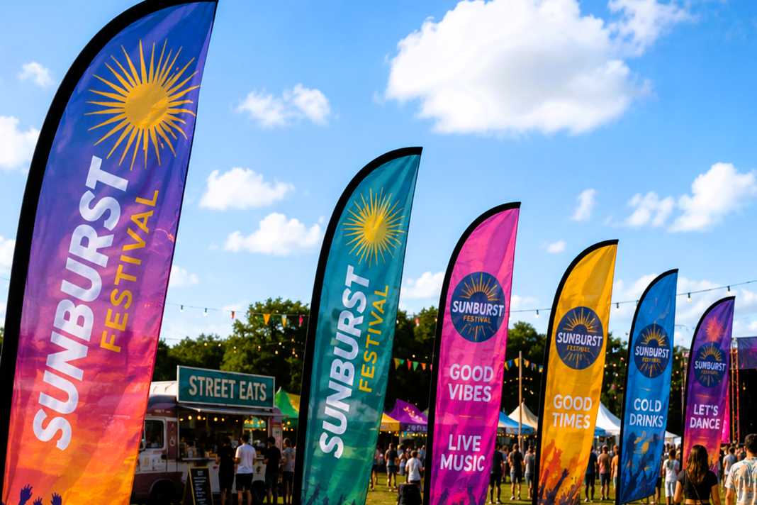 Sunburst Festival flags with event details against a blue sky.