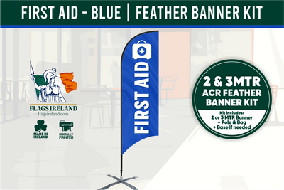 Feather banner kit with 'First Aid' design and branding for Flags Ireland on a white background.
