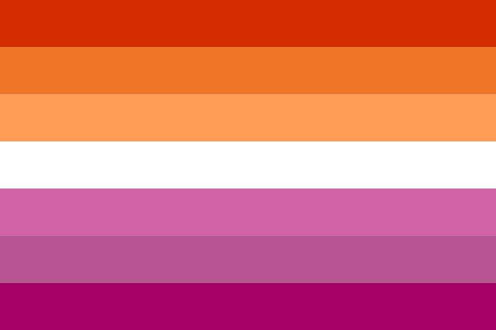 A horizontal flag with seven stripes in shades of orange, white, and pink, representing the Lesbian Pride Flag.