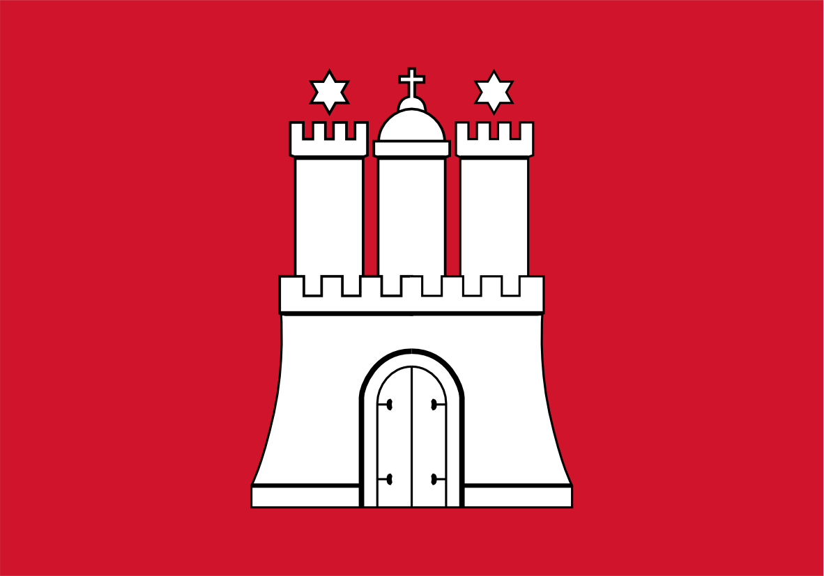 Hamburg City Flag red square graphic with a white stylized castle gate emblem centered on it.