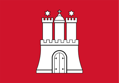 Hamburg City Flag red square graphic with a white stylized castle gate emblem centered on it.