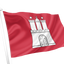Hamburg City red flag with a white castle emblem waving on a white flagpole against a plain white background.
