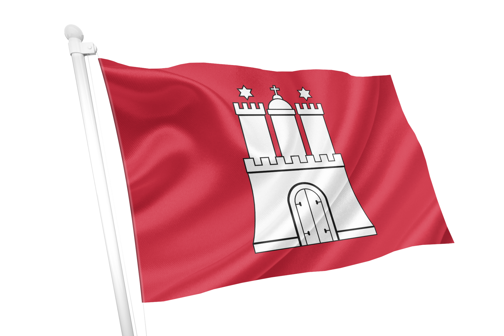 Hamburg City red flag with a white castle emblem waving on a white flagpole against a plain white background.
