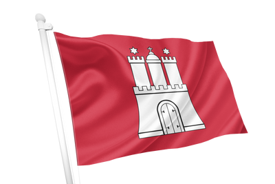Hamburg City red flag with a white castle emblem waving on a white flagpole against a plain white background.