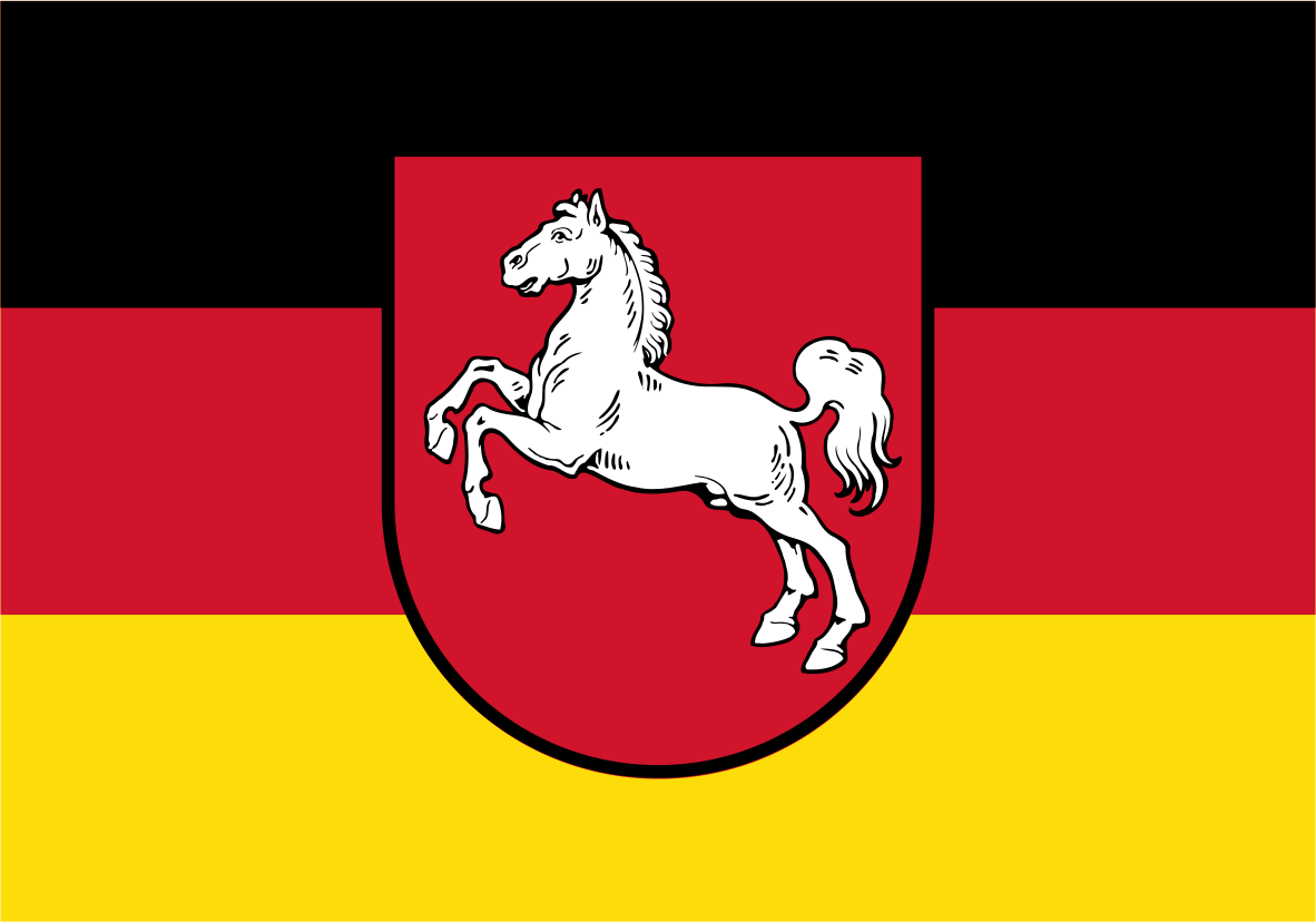 German Lower Saxony flag design with horizontal black, red, and yellow bands and a red shield containing a white horse emblem centered on the flag.