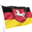 German Lower Saxony flag design with horizontal black, red, and yellow bands and a red shield containing a white horse emblem centered on the flag.