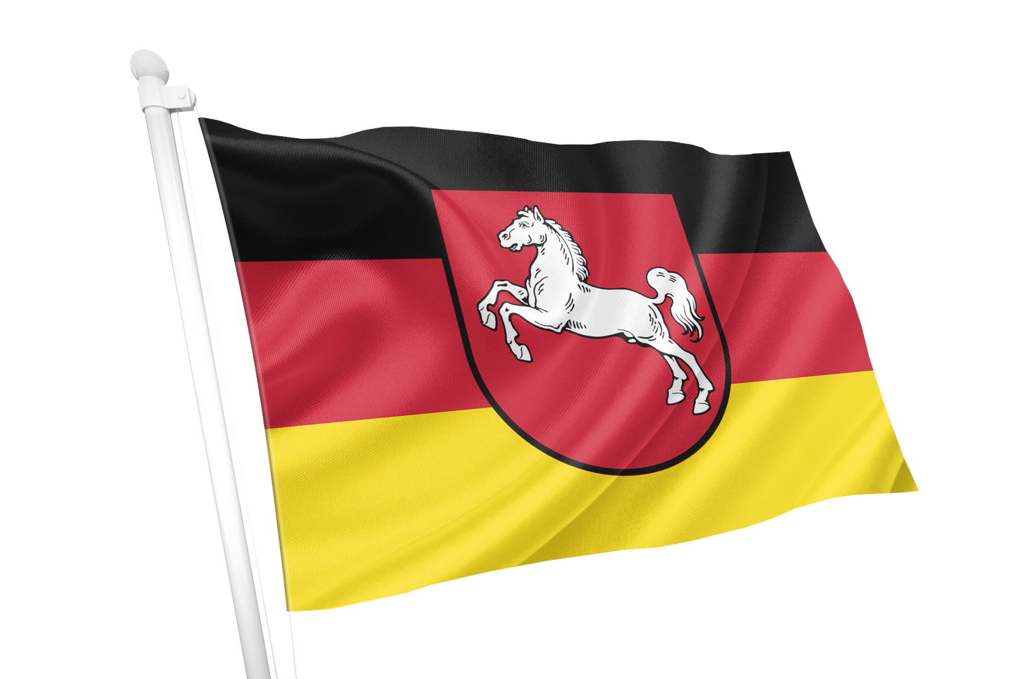 German Lower Saxony flag design with horizontal black, red, and yellow bands and a red shield containing a white horse emblem centered on the flag.