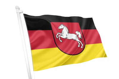 German Lower Saxony flag design with horizontal black, red, and yellow bands and a red shield containing a white horse emblem centered on the flag.