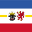 Mecklenburg Western Pomerania State Flag. A square flag design with horizontal blue, white, and red bands, plus a central yellow stripe. In the middle is a black-and-white heraldic animal emblem with a gold crown and a red lion with gold details.