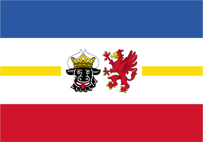 Mecklenburg Western Pomerania State Flag. A square flag design with horizontal blue, white, and red bands, plus a central yellow stripe. In the middle is a black-and-white heraldic animal emblem with a gold crown and a red lion with gold details.