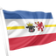 Mecklenburg Western Pomerania State Flag. A flag on a white pole with horizontal blue, white, and red bands and a yellow stripe, featuring a central black-and-white crowned animal emblem and a red lion, shown on a plain white background.