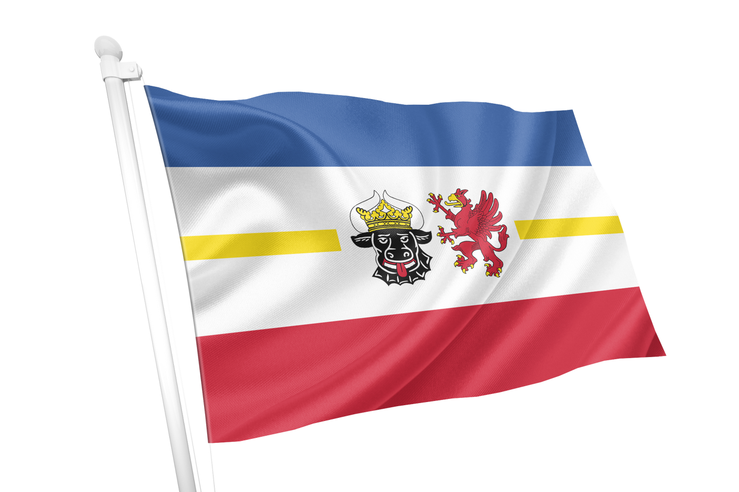 Mecklenburg Western Pomerania State Flag. A flag on a white pole with horizontal blue, white, and red bands and a yellow stripe, featuring a central black-and-white crowned animal emblem and a red lion, shown on a plain white background.