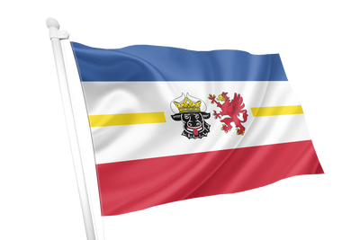 Mecklenburg Western Pomerania State Flag. A flag on a white pole with horizontal blue, white, and red bands and a yellow stripe, featuring a central black-and-white crowned animal emblem and a red lion, shown on a plain white background.